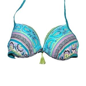 Boho Shade & Shore 36C Bikini Top Tie Back Beaded Tassel Paisley Turquoise